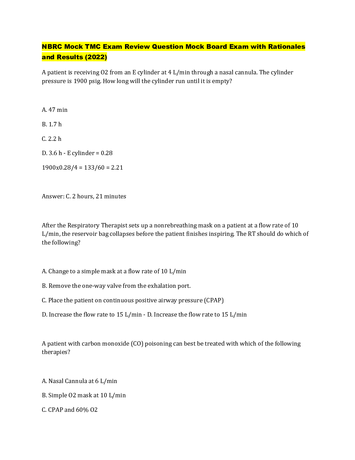 Preview image for NBRC Mock TMC Exam Review Question Mock Board Exam with Rationales and Results (2022)